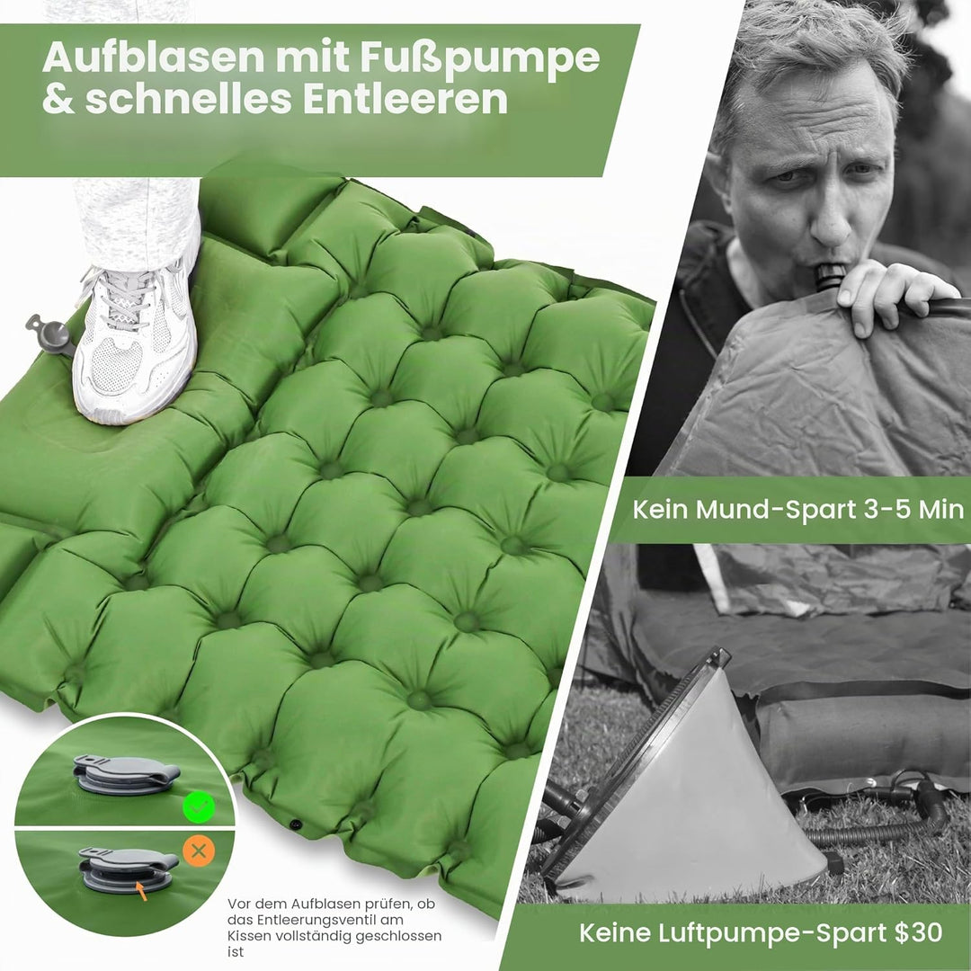 ROPODA Aufblasbare Camping-Isomatte, ultraleichte Schlafmatte mit Kopfkissen und integrierter Fusspu