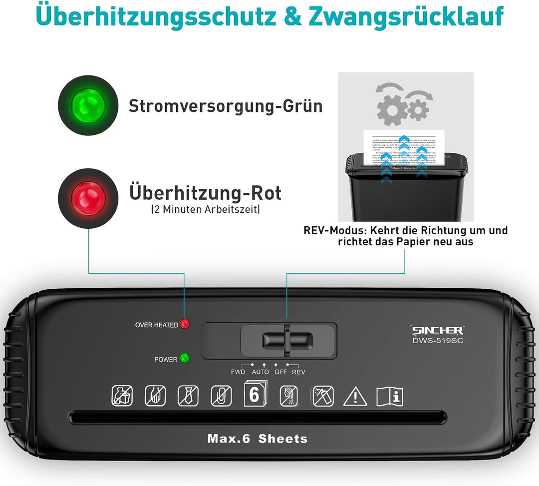 Aktenvernichter, 6 Blatt Streifenschnitt Papierschredder, inklusive Kreditkartenvernichtung, P-2, Ko