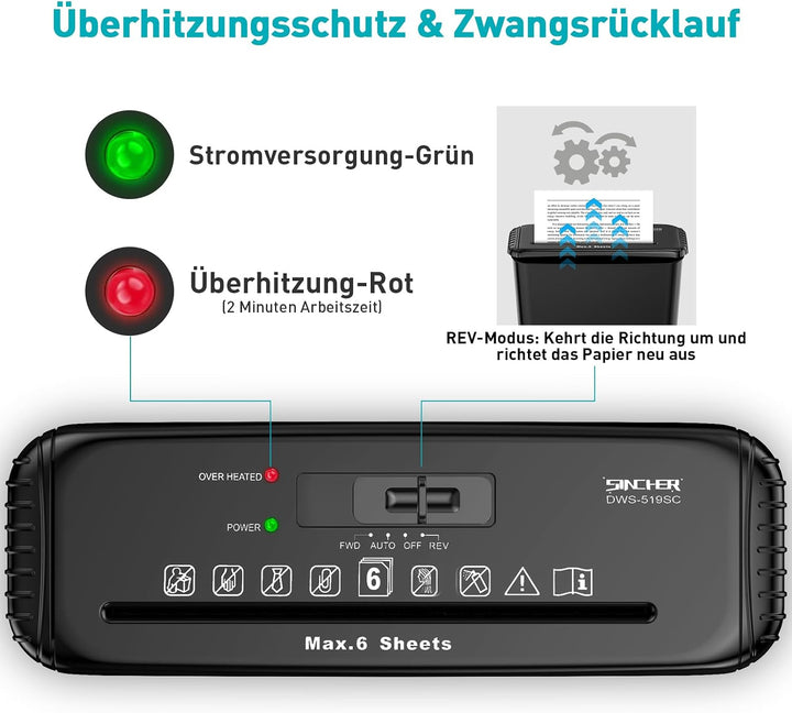 Aktenvernichter, 6 Blatt Streifenschnitt Papierschredder, inklusive Kreditkartenvernichtung, P-2, Ko