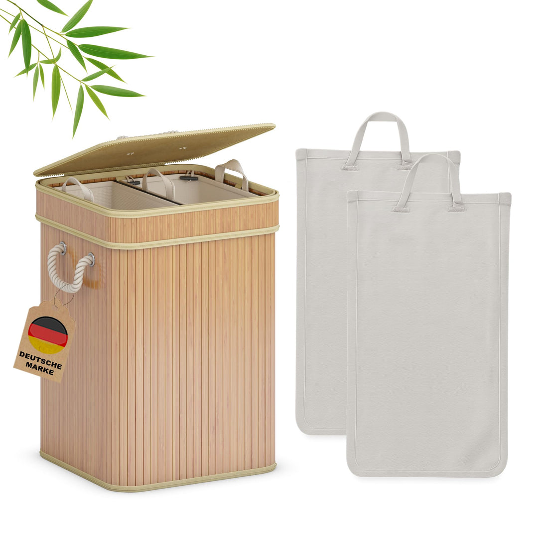 Wäschekorb 2 Fächer 100L Bambus Wäschesammler faltbar mit Deckel &amp; Griffen, herausnehmbare &amp; waschba