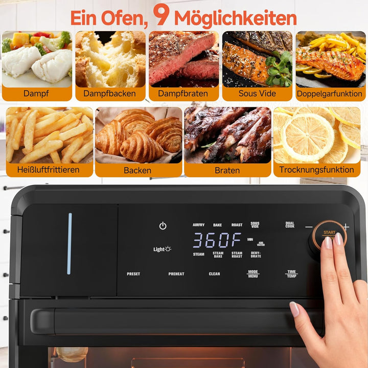 OUNIN 18L Multifunktionsbackofen, 11-in-1 Dampfbackofen und Heissluftfritteuse, Zweigaren, 360° Umlu