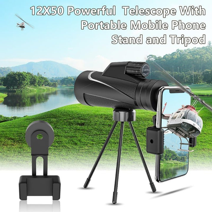 DDKJ Monokular Fernglas HD 12x50, Mini Fernrohr Monokulares Scope mit Nachtsicht, Handyhalter&Stativ