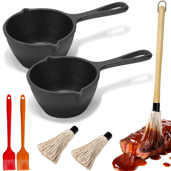 Gusseisen Kochtopf, BBQ Mop Pinsel Set zum Grillen BBQ Basting Set mit Mini Gusseisen Sauce Topf und