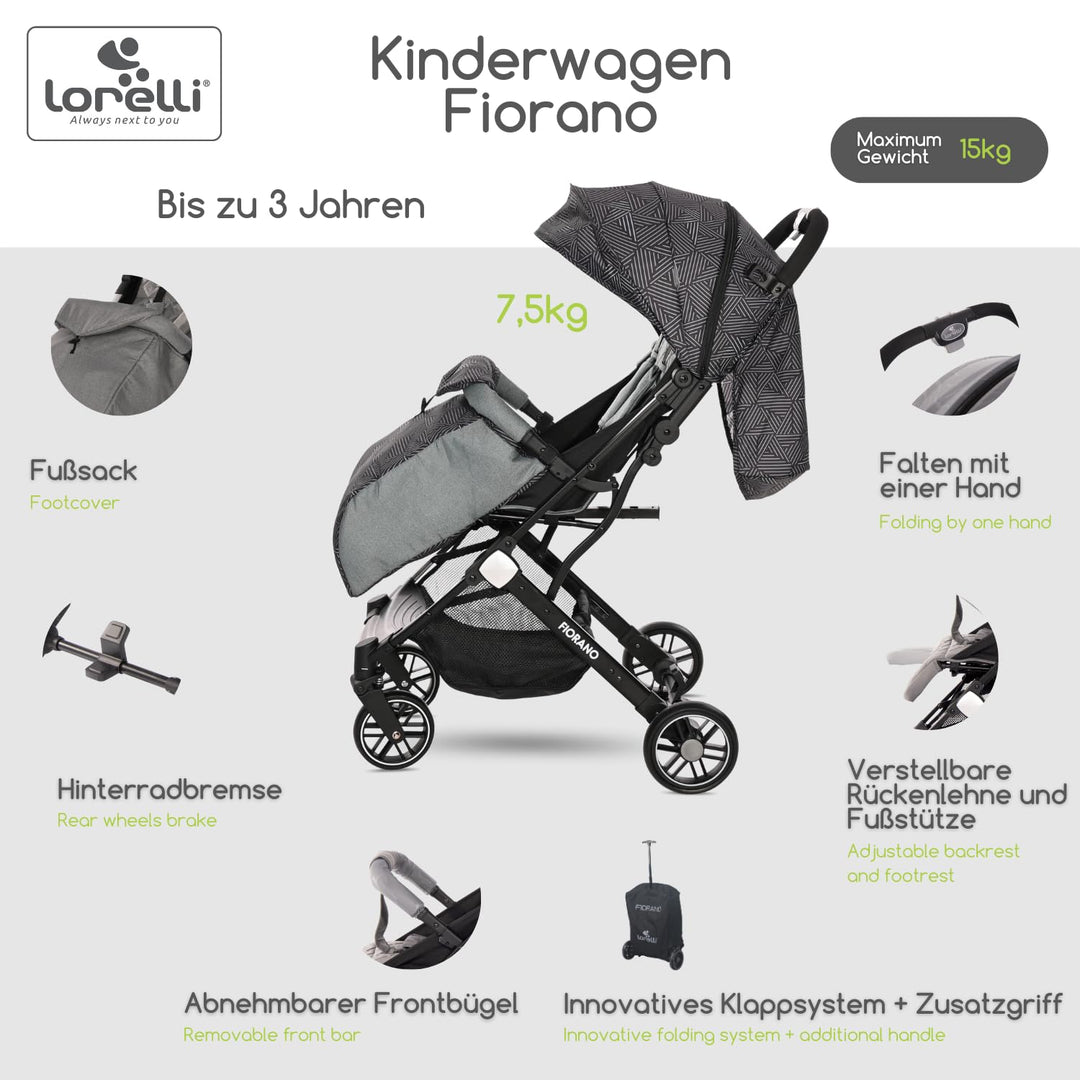 Lorelli Kinderwagen Fiorano, Reisebuggy, Baby Buggy klein zusammenklappbar, leicht, nur 7,5 kg, komp