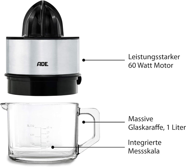 ADE Elektrische Saftpresse aus Edelstahl mit 1 l Glaskaraffe | 60 Watt | Zitruspresse mit 2
