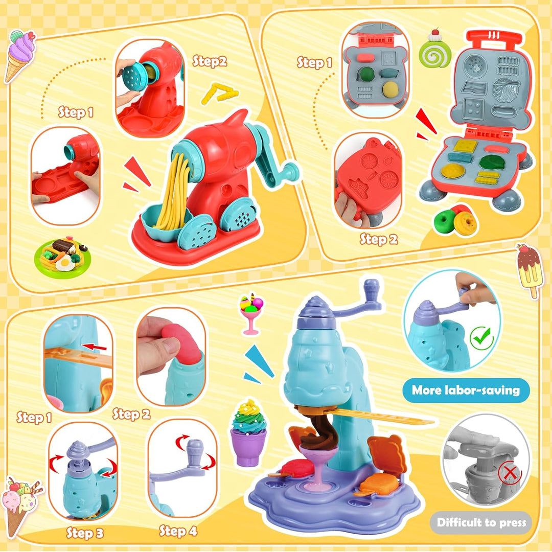 Joellfuner 70 Stück Knete Dough Set, Knete Zubehör Kinder, Knete Eismaschine Nudelmaschine Burgermas