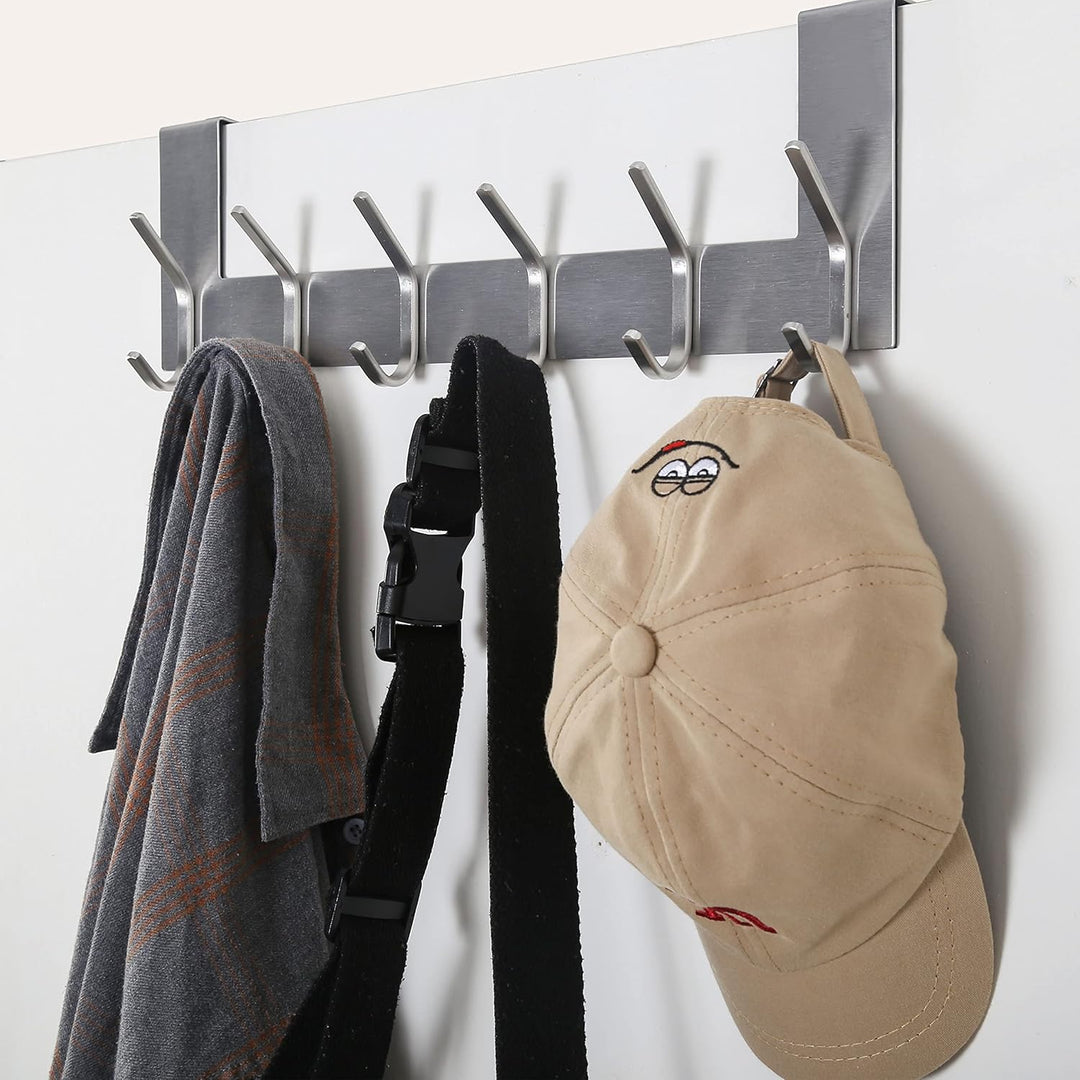 SKOLOO Türgarderobe mit 6 Haken, Türhaken Zum Einhängen Ohne Bohren, Kleiderhaken Tür für Küche, Bad