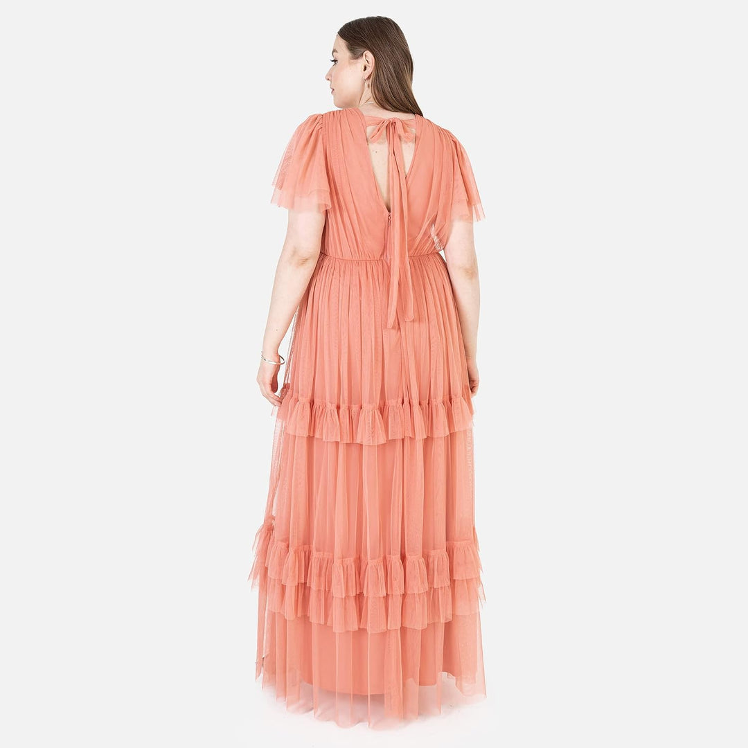 Ladies Maxi Dress for Women Short Sleeve Evening Ball Gown Tiered V Neck Bow Tie Bridesmaid Wedding