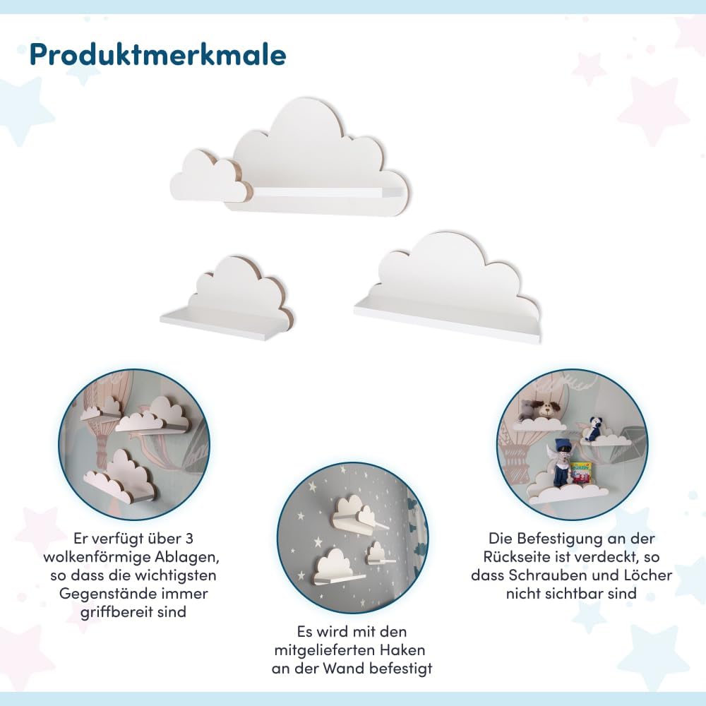 MOLILAND Wolkenregal Babyzimmer | Set mit 3 Stück | Wandregal für Kinderzimmer in Weiss | Regal Wolk