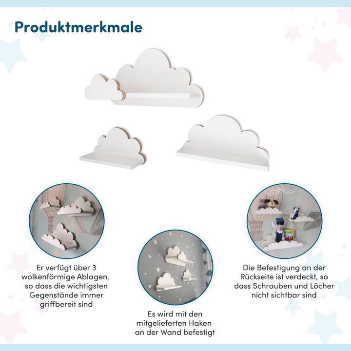 MOLILAND Wolkenregal Babyzimmer | Set mit 3 Stück | Wandregal für Kinderzimmer in Weiss | Regal Wolk