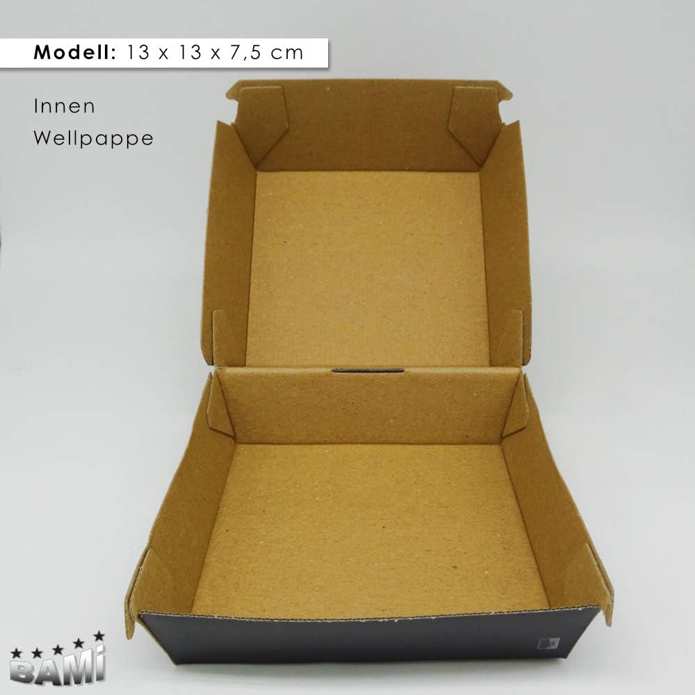 100 Hamburgerboxen Burgerboxen Take-Away Boxen, Schwarz aus Wellpappe, 13x13x7,5cm, EXTRA STABIL