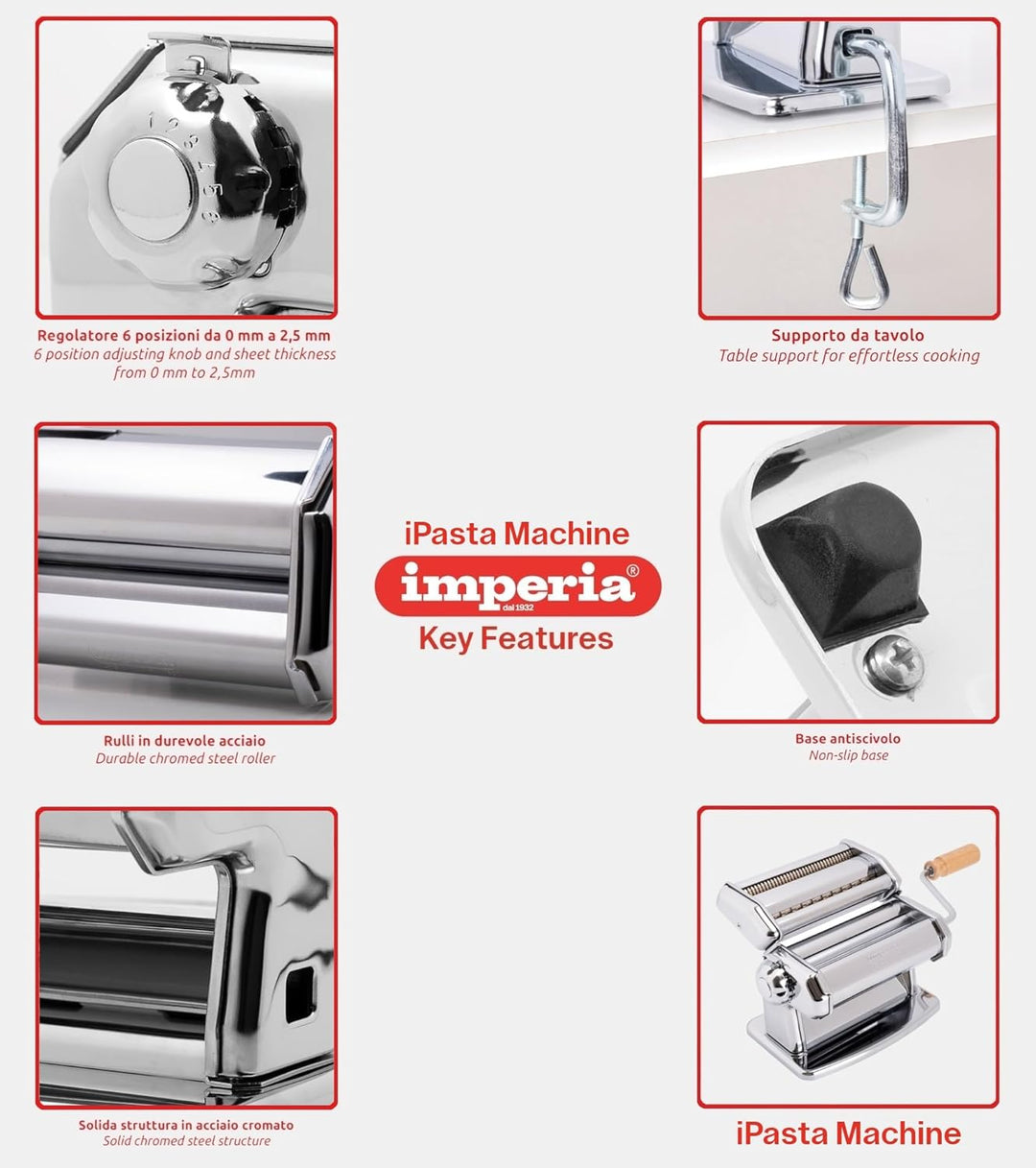 Imperia IPASTA Classica Nudelmaschine 100% Made in Italy. Frischpastamaschine aus Stahl. Manuelle Te