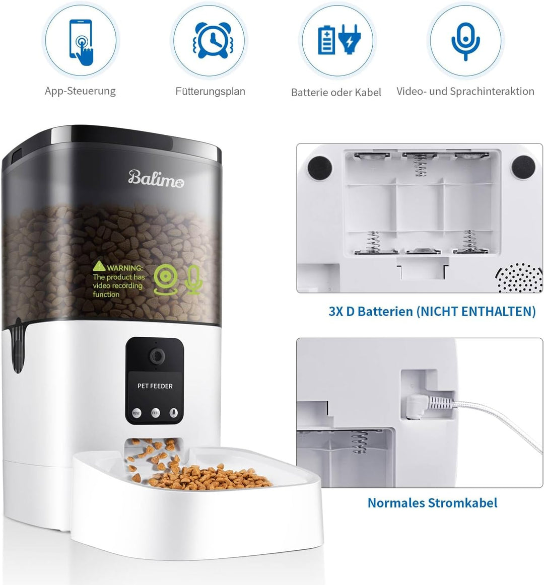 Balimo Futterautomat Katze mit HD 1080P Kamera, 4L WiFi Automatischer Futterspender Katze mit APP-St