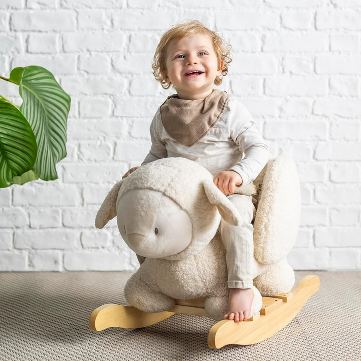 Nattou Schaukeltier aus weichem Teddy-Stoff, Schaukeltier Schaf, Inkl. Sicherheitsgurt, Fröhliches H