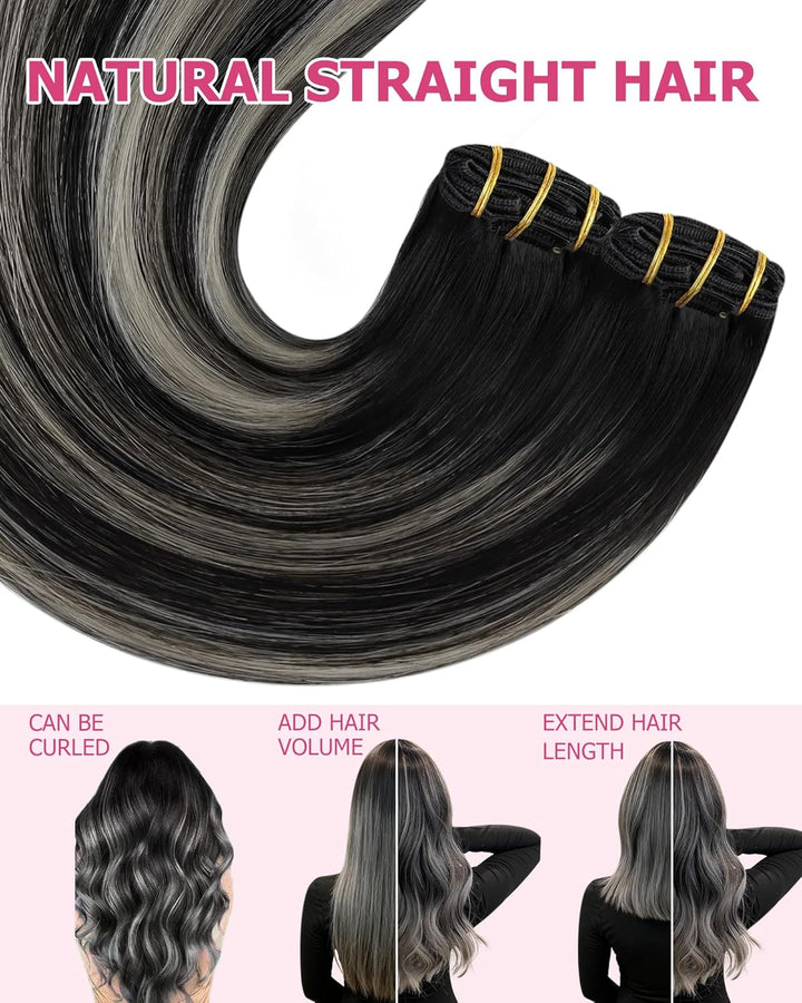YoungSee Echthaar Extensions Clip Ombre Schwarz 7 Stück 30cm Clip in Extensions Echthaar Schwarz Bal