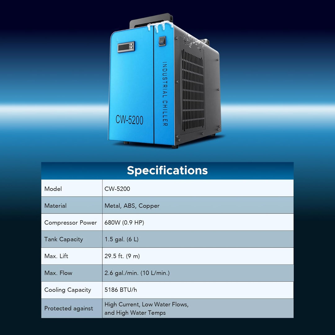 OMTech 6L Industriewasserkühler 0,9 PS 2,6 gpm Wasserkühlsystem CW-5200 für 60W 70W 80W 90W 100W 120