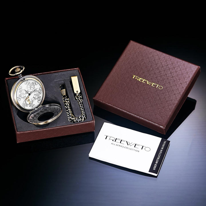 TREEWETO Unisex Taschenuhr mit Kette Analog Handaufzug Antik Römische Ziffern Bronze