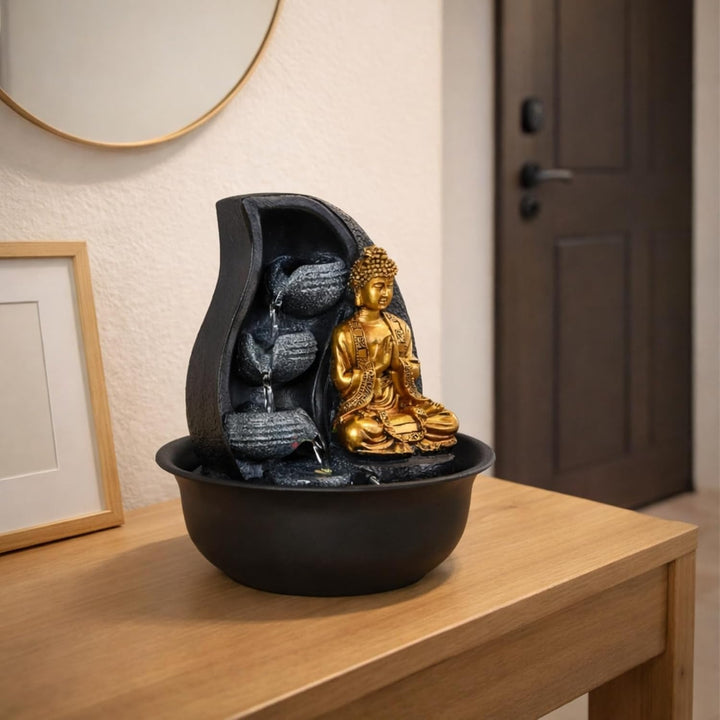 Zen Light Praya Zimmerbrunnen mit Pumpe und LED-Beleuchtung, Kunstharz, Gold Single, Single