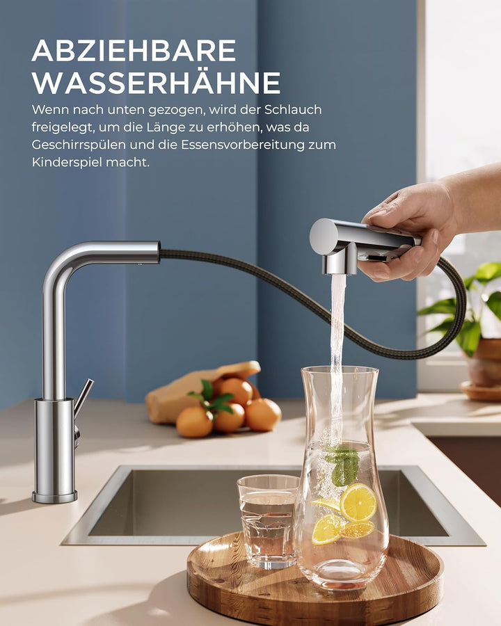 FORIOUS Wasserhahn Küche, Küchenarmatur Ausziehbar mit Brause, Spültischarmatur Küche, L-förmiger Ed