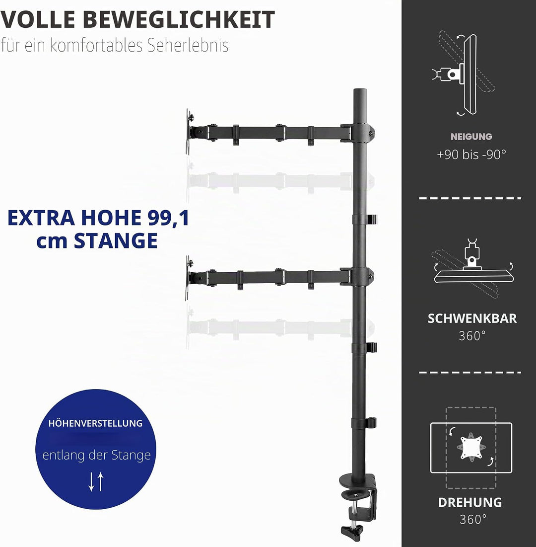 VIVO STAND-V012T Ständer für Zwei Monitore, extra hoch, vertikal gestapelt, mit 99 cm Stehstange, vo