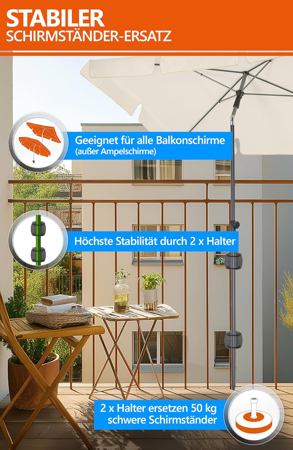 4smile Sonnenschirm Balkon SunnyShade, 200 x 125 cm, UPF 50+ Sonnenschirm rechteckig als Sonnenschut