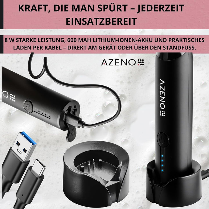 AZENO Elektrischer Milchaufschaeumer 3in1, akkubetrieben, USB-C, 3 Geschwindigkeitsstufen, 8 W, 600