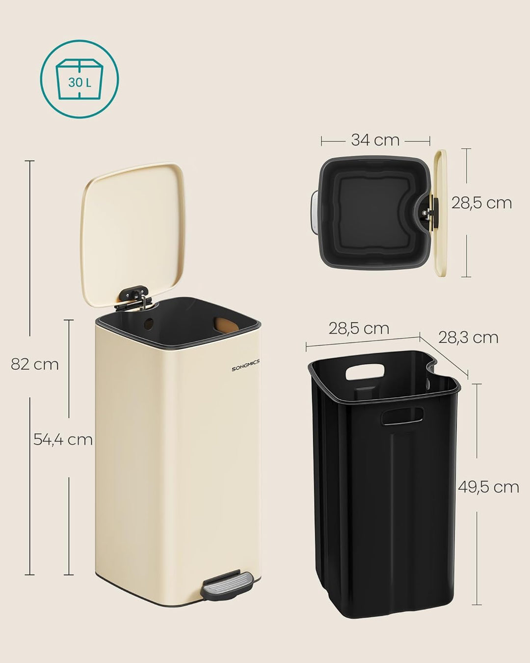 SONGMICS Mülleimer Küche, 30 Liter Abfalleimer, Tretmülleimer, Stahl, mit Inneneimer, Softclose, Off