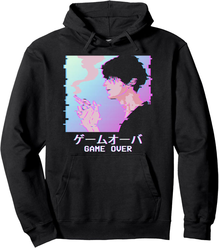 Japanese Vaporwave Aesthetic Anime Boy Lofi Emo Game Over Pullover Hoodie