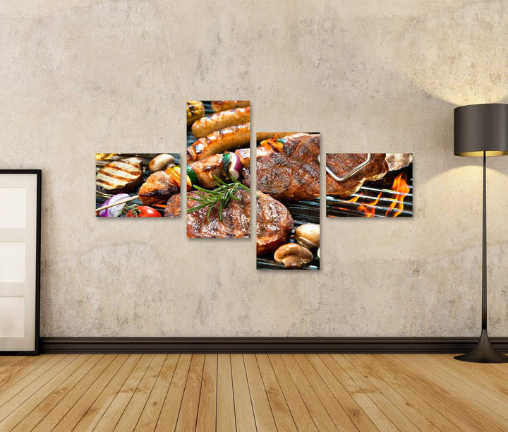 islandburner Bild auf Leinwand Grill Fleisch Wurst Gemüse Grillzange Bilder Wandbilder Poster Leinwa