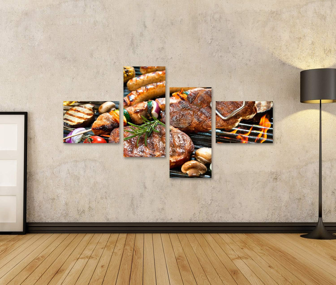 islandburner Bild auf Leinwand Grill Fleisch Wurst Gemüse Grillzange Bilder Wandbilder Poster Leinwa