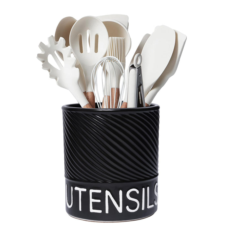 Karisky Utensilhalter für Küchentheke, 6,5 "grosser Keramikutensilien -Crock mit Korkmatte, moderner
