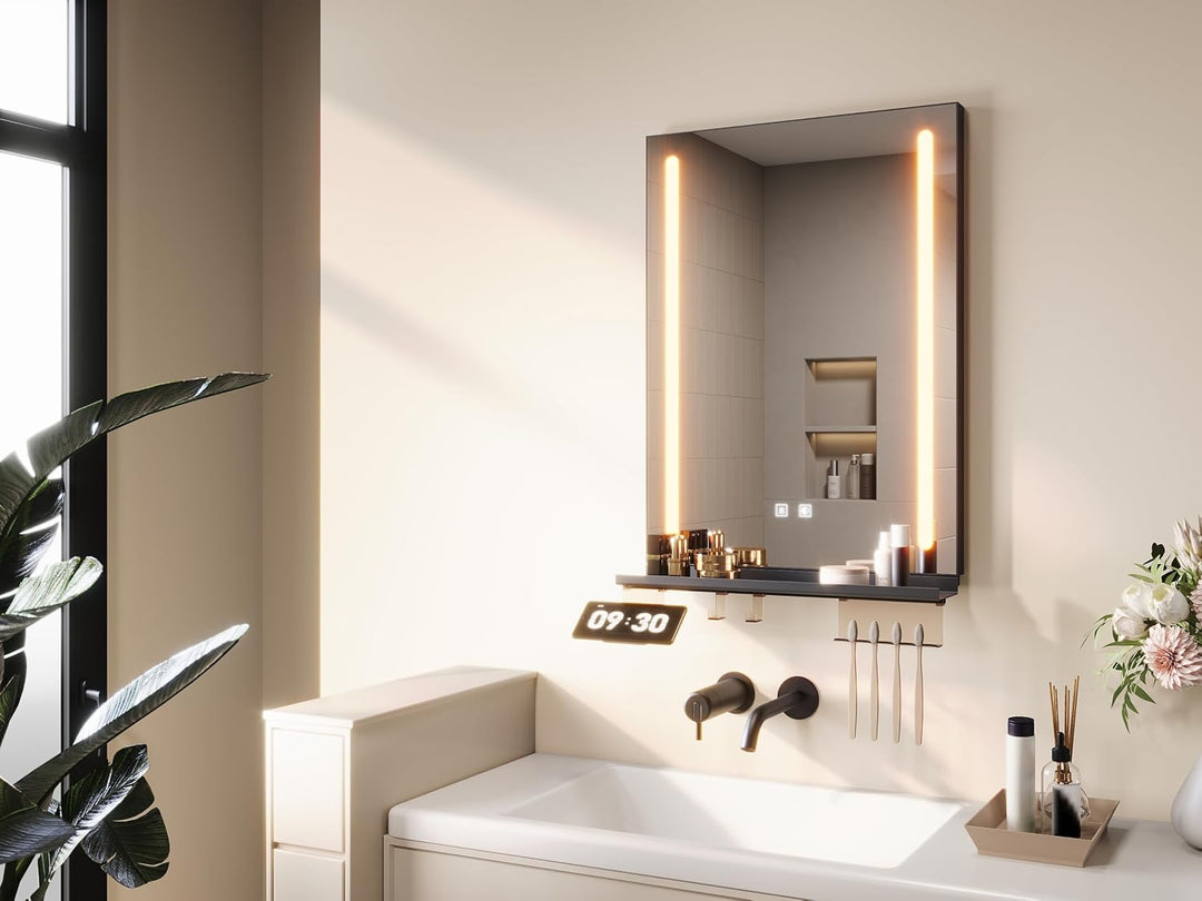SONNI LED Badspiegel 50x70cm + 50cm Ablage, Touch Badezimmerspiegel mit Beleuchtung, 3 Lichtfarben,