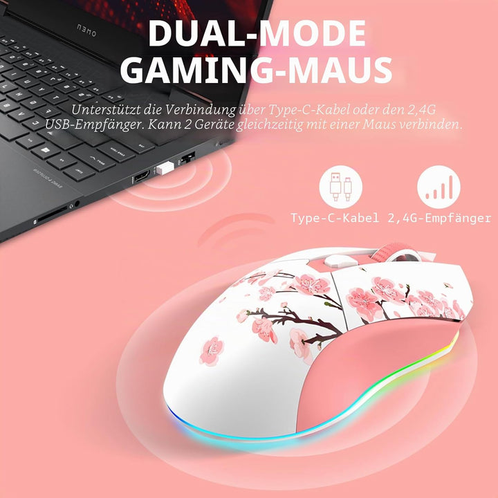 DAREU Sakura Pink Gaming Maus Kabellose mit Magnetic Charging Dock Wiederaufladbar RGB,12K DPI, 7 Pr