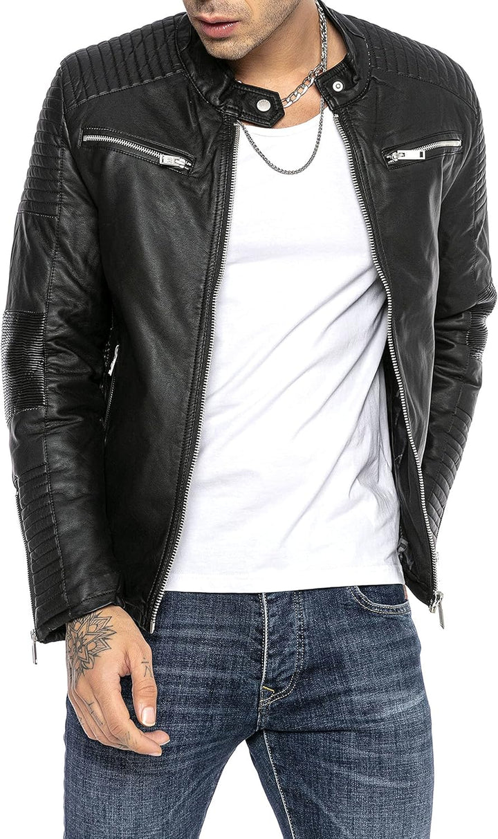 Herren Lederjacke Kunstleder Bikerjacke Übergangsjacke Brooklyn Slim Fit Schwarz M Schwarz, M Schwar
