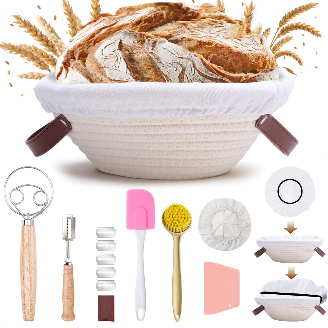 Gärkorb Brot Set, Gärkörbchen Baumwollseil Rund 23 cm mit Griff, Inklusive Gärfolie, Bäckermesser, T