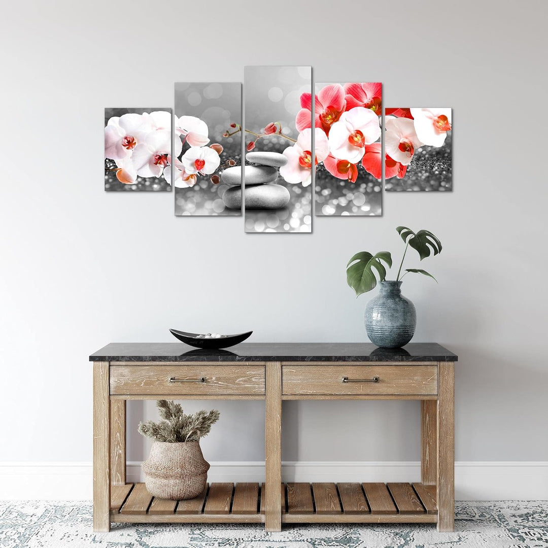 Runa Art Wandbilder Blumen Orchidee 5 Teilig Bild auf Vlies Leinwand Deko Wohnzimmer Zen Rot Grau 03