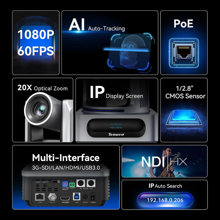 Tenveo NDI PTZ-Kamera mit KI-Humanoid- &amp; Gesichts-Auto-Tracking, 20-fachem optischem Zoom, 3G-SDI/HD