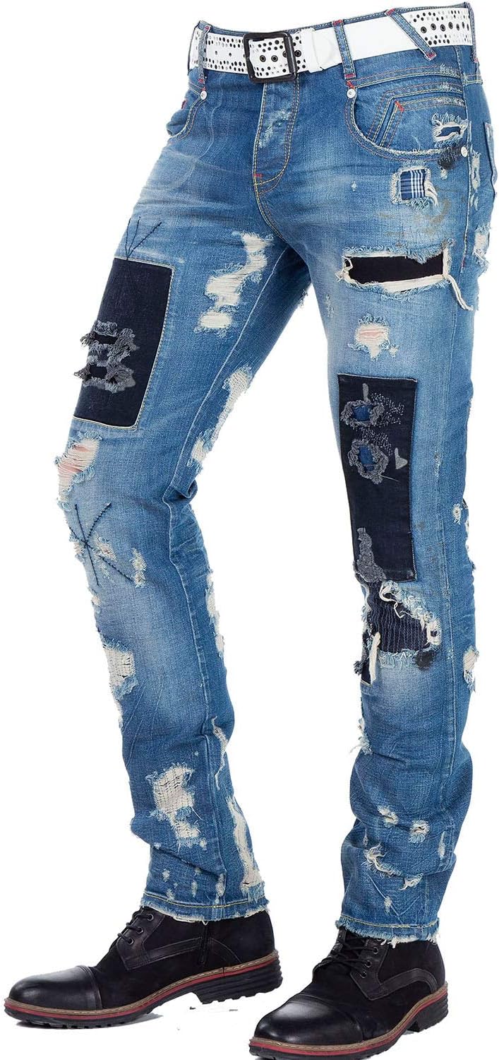 Cipo & Baxx Herren Jeanhose | Destroyed & Frayed Denim mit Nieten, Kunstleder, Ziernähte & Graffiti