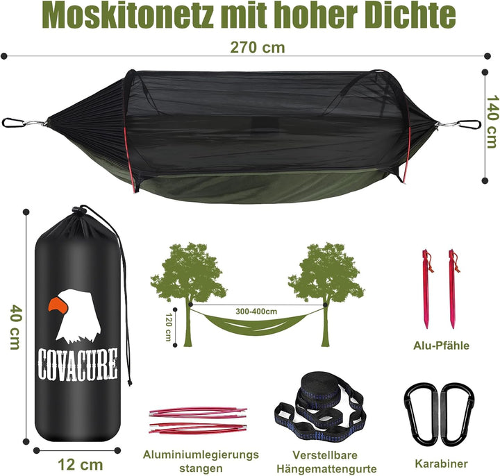 COVACURE Hängematte Outdoor Hängematte mit Moskitonetz - 200kg Belastbarkeit für 2 Personen 270 x 14