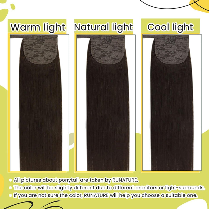 RUNATURE Braun Zopf Echthaar Haarverlängerung 50cm Lang Ponytail Extension Echthaar #2 Dunkelstes Br