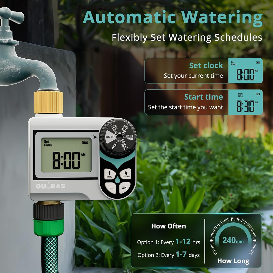 QUOBAS Kugelhahn-Sprinkler-Timer, programmierbare Wasser-Timer für Gartenschlauch-Wasserhahn mit Mes