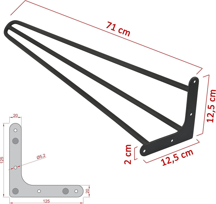 MORIA DESIGN 4 x Hairpin Legs (fi 10 mm) 71 cm schwarz, Metall,  3 Streben -Tischbeine - Tischgestel