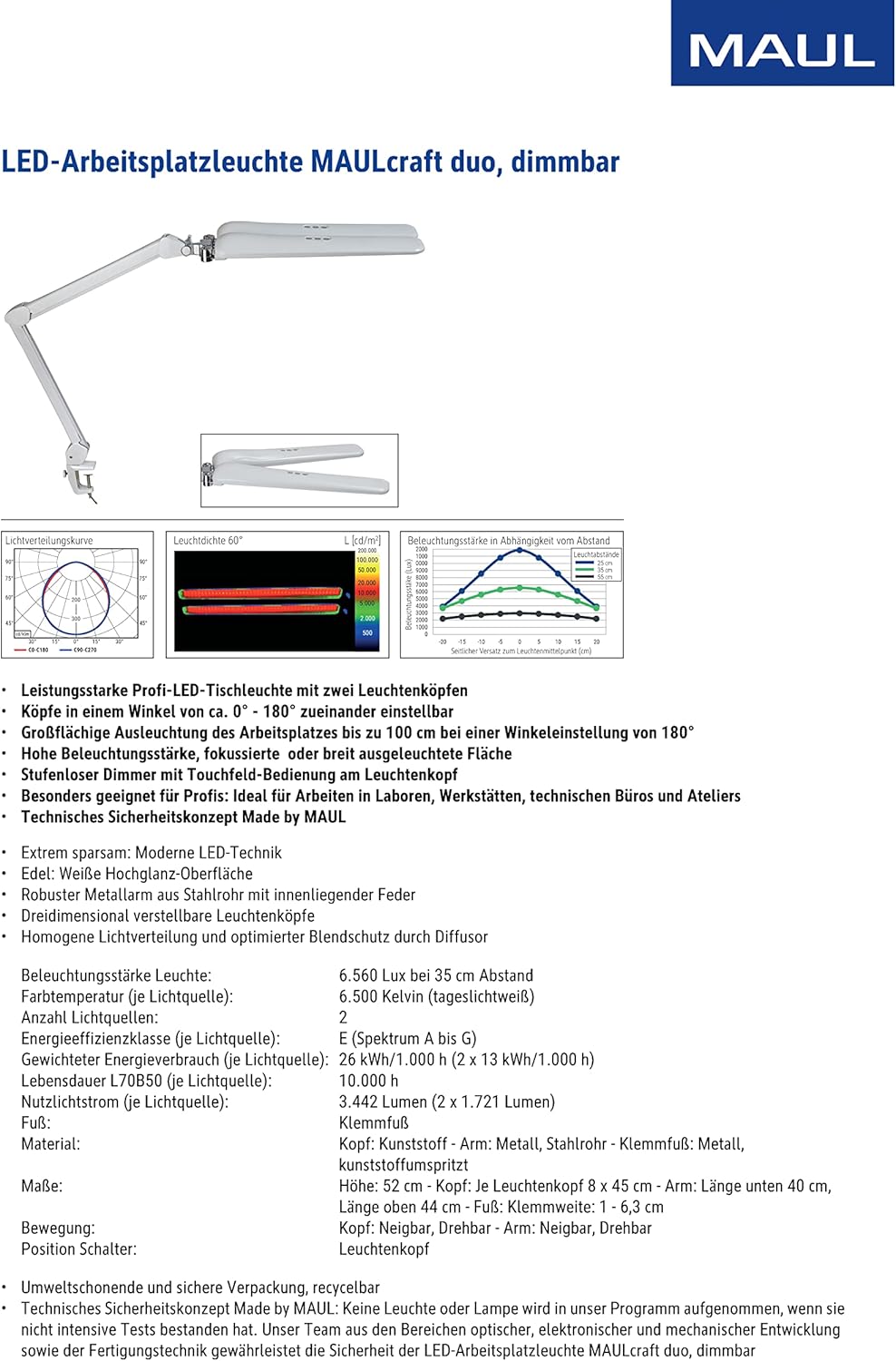 MAUL LED Arbeitsleuchte MAULcraft duo | Dimmbare Klemmlampe mit 6.500 Kelvin | LED Lampe mit 2 flexi