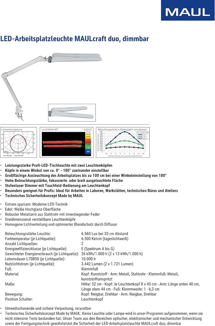 MAUL LED Arbeitsleuchte MAULcraft duo | Dimmbare Klemmlampe mit 6.500 Kelvin | LED Lampe mit 2 flexi