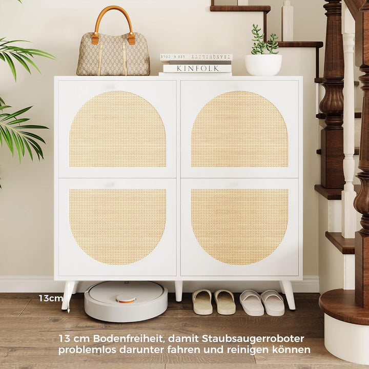 IRONCK Schuhschrank Rattan, schmal Schuhkipper mit 4 Klappen, freistehende Schuhregal, Schuhkommode