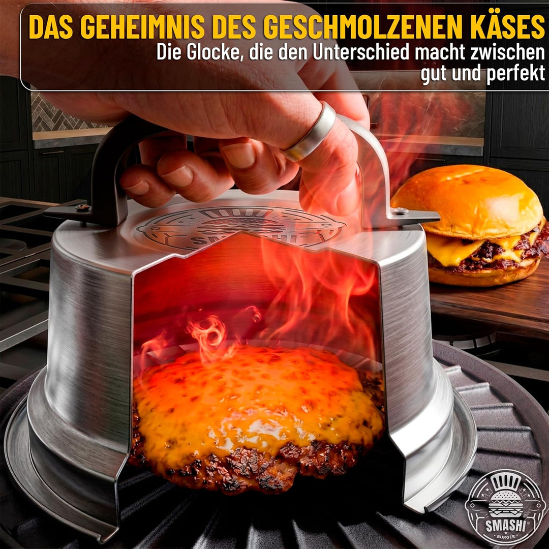SMASHI® Smash Burger Set Professionell aus Edelstahl 304 – Burgerpresse, Grillspachtel & Burgerglock