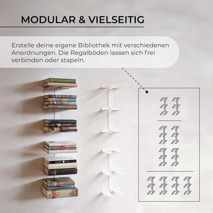 MILUKA Set 2 Unsichtbare Bücherregal Wand 35 cm | Wandregal Weiss Metall mit 3 Schwebenden Regalen f