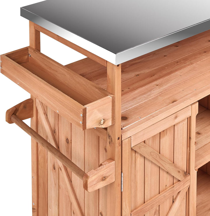 Beliani Outdoor Kücheninsel Tannenholz Edelstahl Hellbraun Rollen 128x47x85 cm Scanno