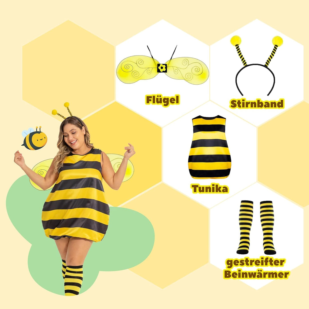 cuteDIY Grosse Grössen Bienenkostüm Erwachsene Bienen Kostüm Damen 42-60, Bienenkostüm Kinder 92-140