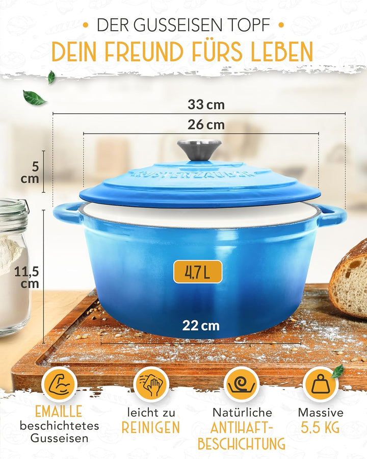Gusseisen Topf Brot Backen emailliert im XXL Set - Brotbackform mit Deckel inkl Gärkorb, Schneebesen
